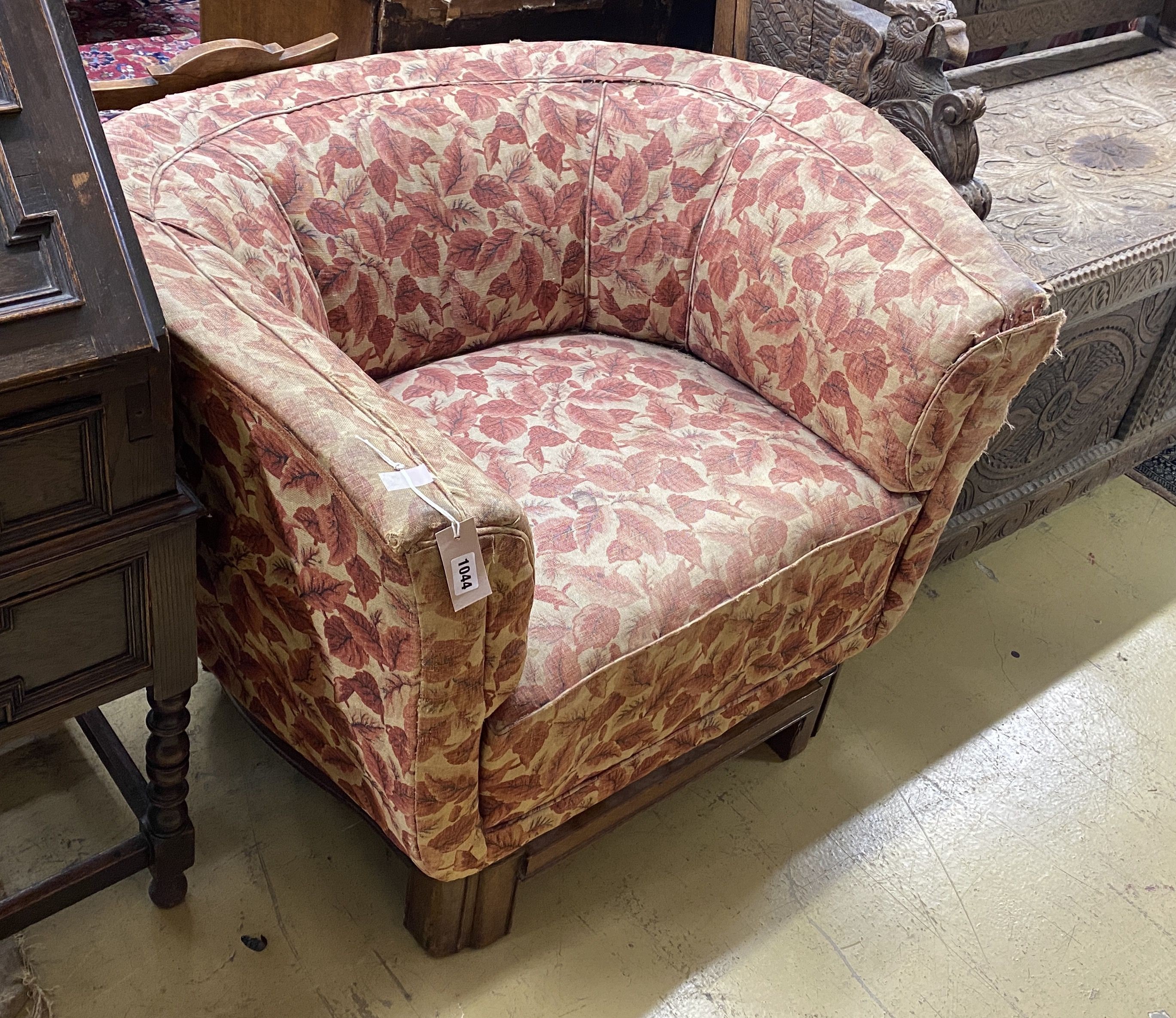 An Art Deco upholstered walnut large tub framed chair in the style of Betty Joel, width 102cm, depth 80cm, height 75cm